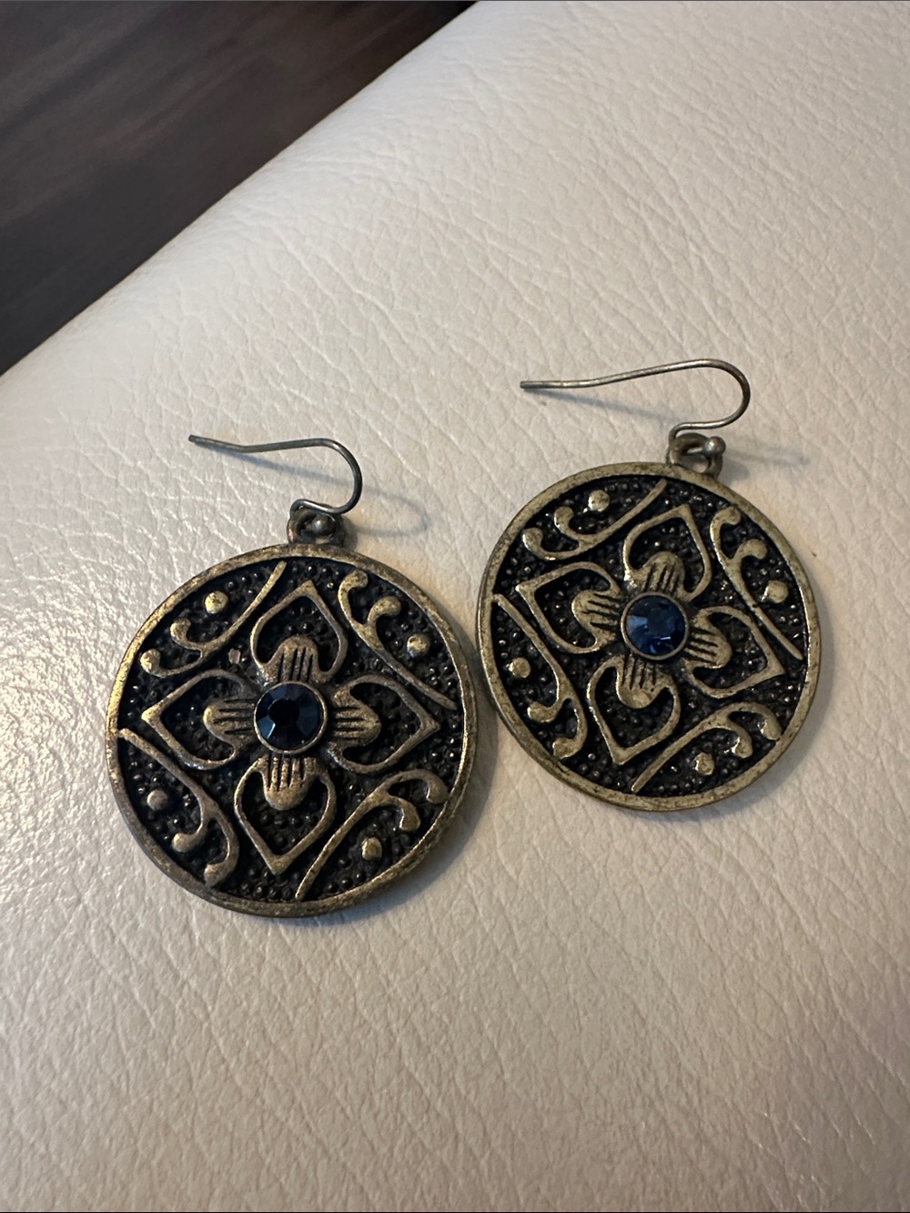 Antique Brass-Style Round Drop Earrings with Blue Stone